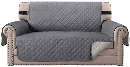 BellaHills Water Repellent Sofa Covers 2 Seater Sofa Protectors from Pets Cats Reversible Loveseat Couch Covers Non-Slip Furniture Slipcovers with Elastic Straps (Loveseat, Grey/Beige)