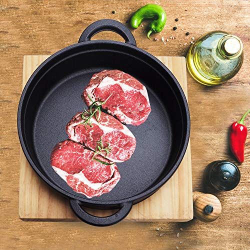Crystals Cast Iron Frying Pot Pan Grill Backing Dinning Skillet with Wood Serving Board, Black