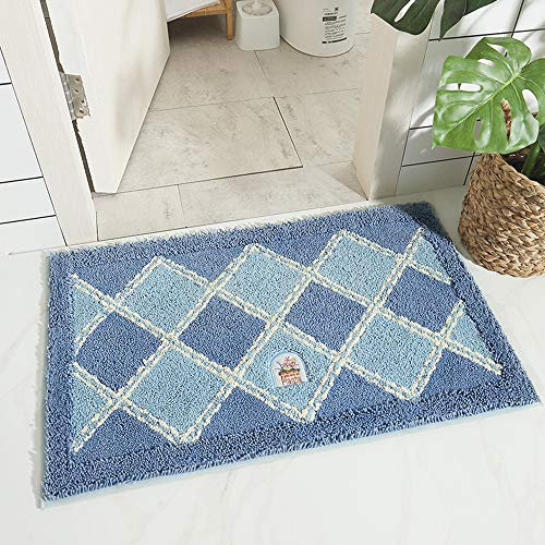 Treer Badezimmermatte Weicher Saugfähig Badezimmerteppich, Kariertes Muster Mikrofaser Beflockung Badematten Antirutsch Badvorleger Duschteppich Badteppich (Blaues Plaid,45cm*65cm)