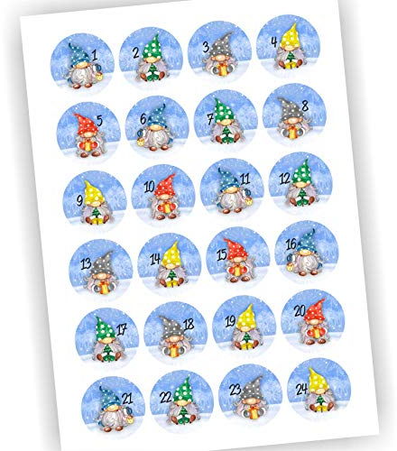 24 Aufkleber Adventskalender Zahlen Fest Weihnachten Aufkleber Sticker DIY Wichtel mit bunten Mützen DIY