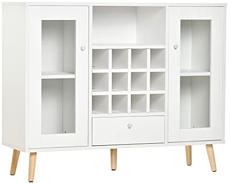 HOMCOM Modern Sideboard Storage Cabinet Kitchen Cupboard Dining Bar Server with Glass Doors, Drawer & 12-Bottle Wine Rack for Living Room, White