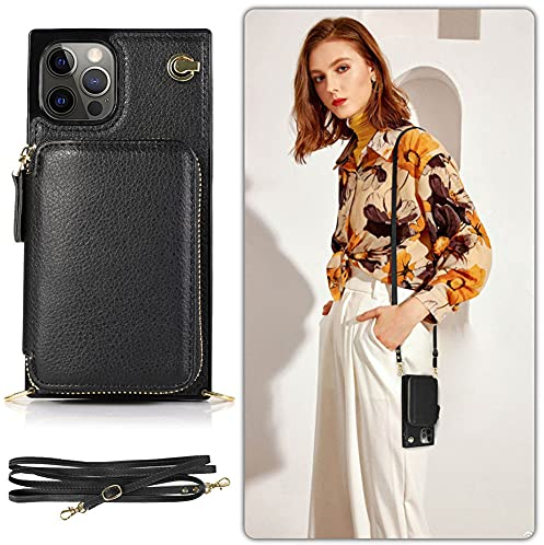 Handykette Handyhülle kompatibel mit Apple iPhone 11 Pro Wallet Hülle PU Leder mit Reißverschluss Kartenfach Ständer Handytasche TPU Bumper Case mit Kordel Kette Schutzhülle Cover(Schwarz)