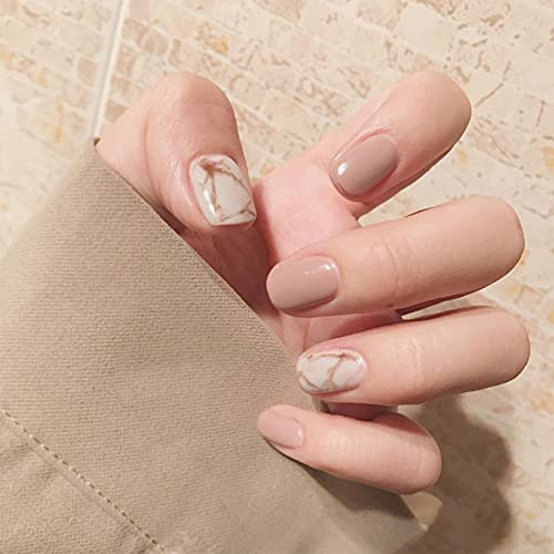 Sttiafay Short Square Press on Nail Glossy Gradient Khaki False Nails Tips Artificial Finger Manicure for Women and Girls (Khaki)