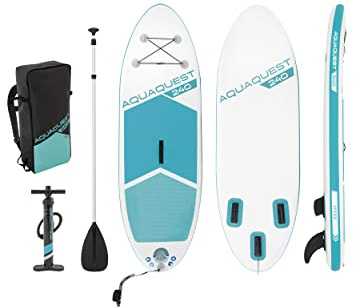 INTEX 68241EP AquaQuest 240 8ft Inflatable Paddle Board Set: Tri-Fin Design – Slip-Resistant EVA Pad – Includes Adjustable Paddle and High Pressure Pump – Storage Rope – 200lb Weight Capacity