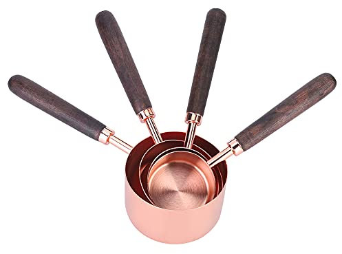4 Piece Home Kitchen Stainless Steel Measuring Cup Set with Wooden Handle, Two Scale Conversions, Copper Plated Baking Measuring Spoons Seasoning Spoons