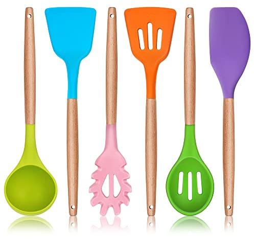 Herogo Kitchen Utensils Set, 6 Piece Silicone Cooking Utensils Set, Non-Stick Spatula Turner Spoon with Wooden Handle, Heat Resistant Kitchen Tools for Nonstick Cookware - Multicolor