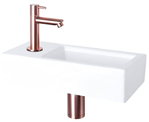 Differnz Helios Waschbecken klein, Handwaschbecken Keramik Weiß, Rot Kupfer Armaturen Wasserhahn Links, Waschtisch, Warm- und Kaltwasserhahn – 37.5 x 18 x 9.5 cm