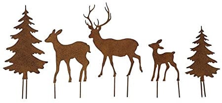 LB H&F 5er Set ROSTSTECKER Hirsch/REH/Bäume Familie Herbstdeko Gartendeko Deko Dekoration Dekofigur Herbst Winter Metall Rost (Hirsch Set)