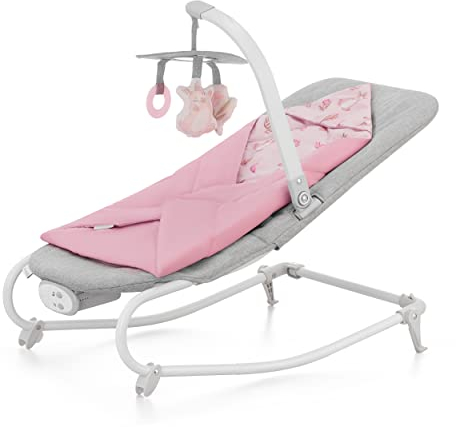 Kinderkraft FELIO2 Sdraietta neonati, Dondolo neonati pieghevole con arco giocattolo, zanzariera, sacco nanna, le Vibrazioni, 8 Melodie, Estremamente leggera, Rosa