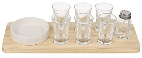 MIJOMA Set de 9 pièces pour tequila, planche à tequila avec verres à liqueur, 6 verres, 1 salière, 1 bol en faïence, 1 plateau de service en bois, support pour verres à liqueur