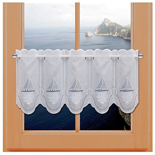kollektion MT Maritime Scheibengardine Ostsee mit Segelboot Vogtländischer Spitze bestickter Scheibenhänger mit Schiffen Badgardine 30 x 96 cm