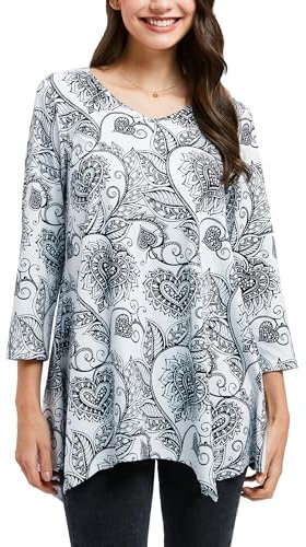 Enmain Camiseta Mujer Manga 3/4 Top Túnica Larga Cuello de Pico Blusa Elegante y Cómoda Talla Grande Tops Estampadas T Shirt para Mujeres,Blanco,XL