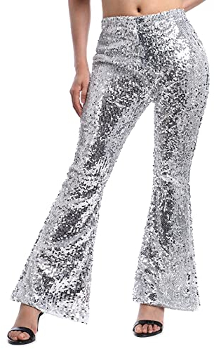 Damen Glitzer Pailletten Schlaghose High Waist Weites Bein Hose Legins Cargohose Hippie 70er 80er 90er Jahre Kost?m Mottoparty Disco Rave Tanz Outfit Clubwear Karneval Fasching Halloween Silber S