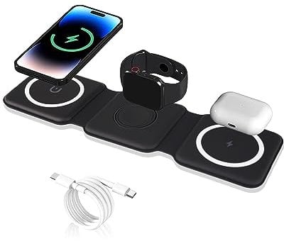 Foldable 3 in 1 Wireless Charger, Fast Charging, Compatible with iPhone 14 Pro/14 Pro Max/14 Plus/13/13 Pro/13 Pro Max/12/12 Pro, Samsung Galaxy/HUAWEI/iWatch Series 8/7 and AirPods 2/Pro - Black