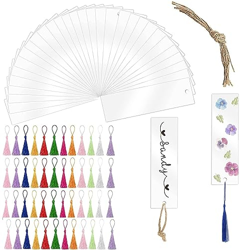 118Pcs Rechteckige Acryl Lesezeichen, BetterJonny 40 Blanko Acryl Lesezeichen Rohling 48 Quaste 30 Seilen Leere Craft Lesezeichen Transparente Lesezeichen für DIY Basteln Notizbuch Dekorationen