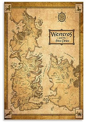ICHU Póster de mapa de ciudades de Westeros y fuego, pintura decorativa, lienzo, pósteres de pared e impresión artística moderna para decoración de dormitorio familiar, 20 x 30 cm