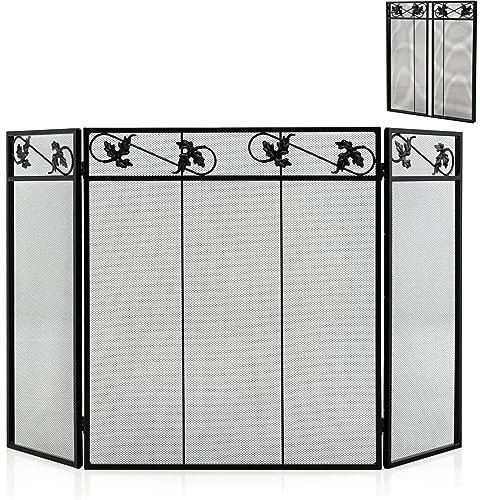 GiantexUK 3-Panel Folding Fire Guard, Metal Mesh Fireplace Screen, Heavy Duty Freestanding Spark Guard Safety Barrier for Child Baby Pet Open Fire (Leaf Pattern, 127 x 76cm)