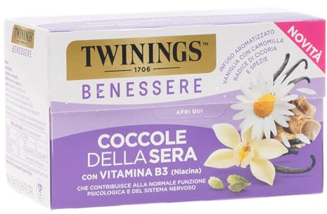Twinings Benessere Coccole della Sera, Infuso Aromatizzato alla Vaniglia con Camomilla Radice di Cicoria e Spezie, Infusi e Tisane, 1 Confezione da 18 Filtri