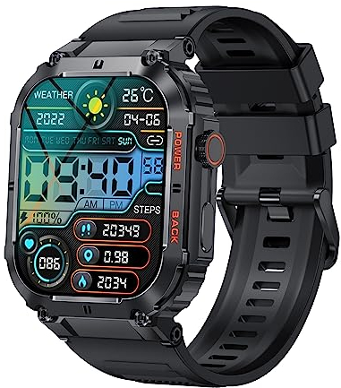 Smartwatch Herren Militär Outdoor Smartwatch mit Telefonfunktion Fitnessuhr Schrittzähler Uhr Herren mit Herzfrequenz-/Blutdruckmessung Schlafmonitor Sportmonitor von Kalorienverbrauch Kilometerstand