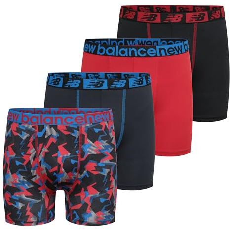 New Balance Calzoncillos tipo bóxer de rendimiento de 3.5 pulgadas para niños (paquete de 4), Team Red Thunderbolt Camo/Blue Graphite/Team Red/Black, 14-16 Years
