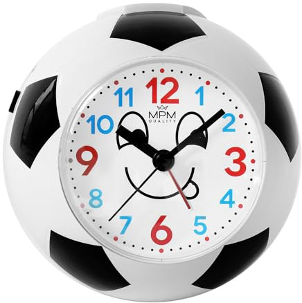 MPM Quality Réveil Design pour Enfant, Plastique, Motif Football et Sourire, Blanc/Noir, Balayage à Quartz, mélodie du Son de l'alarme au Choix extérieur, analogique, Alarme puissante, décoration de