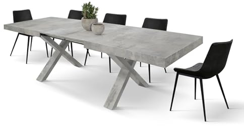 PAZZO DESIGN Ausziehbarer Tisch Iride, Tisch für Wohnzimmer oder Küche, X-förmige Beine, Grau, hergestellt in Italien, Betongrau, 160x90x76 cm - id_2238