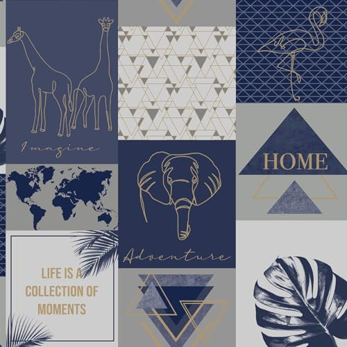 Adventure Navy Wallpaper - Animal Print Leaves Glitter Effect Geometric - Modern Textured Paste The Wall