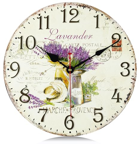 Lafocuse 30cm Horloge Murale Lavande Vintage Bois, Silencieuse Pendule Murale Floral Retro, Shabby Chic Rond Déco sans Tic-tac pour Salon Chambre Cuisine Bureau