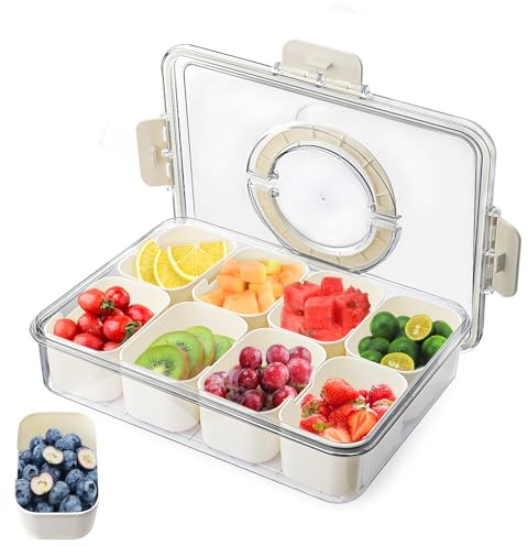 Euleryoo Piatto da Portata Snack, Piatto Snack con 8 Scomparti, Scatola Porta Coperchio e Manico, Vassoio Organizer per Dolci, Caramelle, Biscotti Vegetariani，Facile da pulire