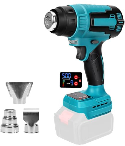Pistola ad aria calda adatta per batterie Makita da 18 V (non incluse), temperatura regolabile velocità del vento, max. 500 °C, display LCD, per saldatura, asciugatura, fai da te, verniciatura,