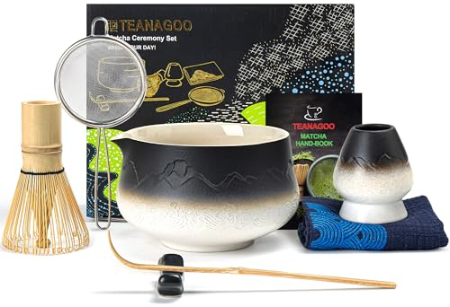 TEANAGOO Matcha Set - 7pcs, Bamboo & Ceramic, Zen Style, Gradient White Black+, 3cm x 27.94cm