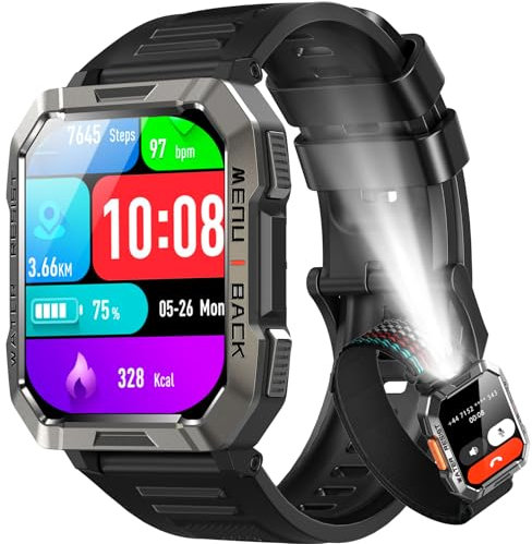 IOWODO Militär Smartwatch Herren,100 Tage Akku, LED Taschenlampe, Bluetooth-Anrufe, Fitness-Tracker,100+ Sportmodi, Herzfrequenz-&SPO₂-Monitor, IP68 Wasserdicht, Schlafüberwachung