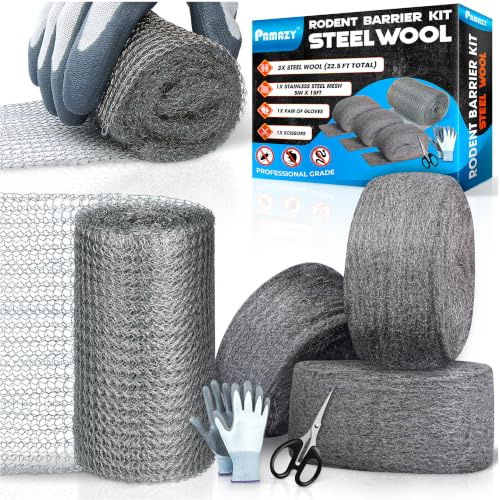 [Upgrade 2in1] Match of Steel Wool & Wire Mesh Fill Hole Fabric for Mice Control, 3PCS 3.2x7.5FT Wool & 5x15FT Stainless Mesh Gap Filler with Gloves & Scissors for Pipeline Vent Siding House Garage