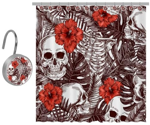 VAPOKF Rideau de douche en polyester avec 9 crochets en acier inoxydable pour salle de bain rustique Motif têtes de mort avec fleurs d'hibiscus tropicales et feuilles de palmier 122 x 182 cm