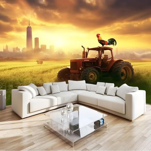 Papier Peint Intissé Tracteur Ville Coq 300x210 cm 3D Panoramique Papier Peint pour Salon Chambre Décoration Murale Pour Adolescents et Enfants Murale