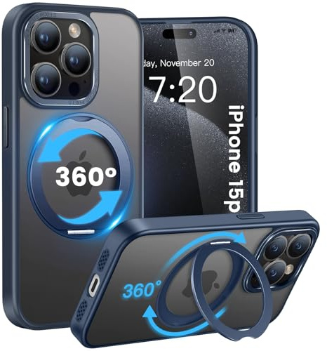 HuwaiH handyhülle für iPhone 15 pro Hülle, [360° Magnetischer Ring Ständer ] [mit Mag-Safe] [Transluzente Matte] Stoßfeste Kratzfeste Schutzhülle für iPhone 15 pro (Navy Blau)