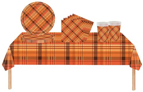 53Pcs Orange Plaid Party Tableware for Table Decorations-Orange Thanksgiving Theme Tableware Decorations Table Cloth,Plaid 7inch Plates,Cup,Autumn Party Supplies