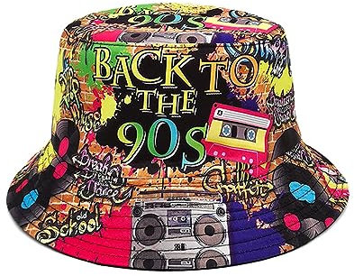Maxtonser 80er 90er Jahre Vintage Fischerhut für Damen und Herren, atmungsaktiv, bunter Druck, Sonnenschutzhut, doppelseitig, Hiphop, Fischerhut, 90er Jahre
