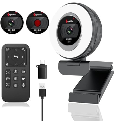 Angetube Webcam Streaming 2K con luz de Anillo, cámara 1080P HDR PC con Control, micrófono estéreo Dual y Cobertura de privacidad, Enfoque automático de 5 aumentos, cámara de Ordenador para Ordenador