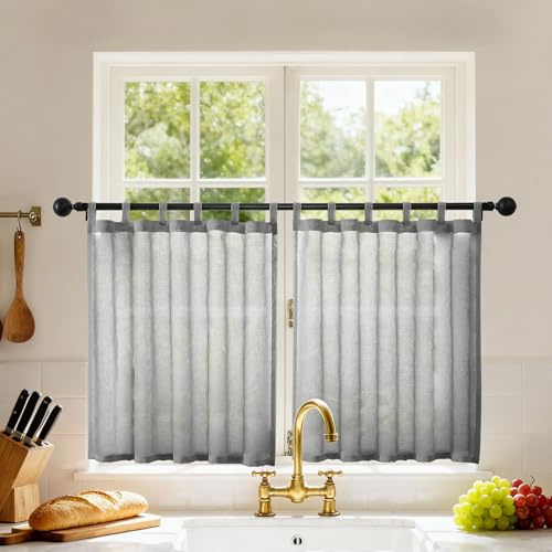 Joydeco Tende Corte per Interni in Voile con Passanti 2 Pezzi L 120 X A 60 CM, Tende Semitrasparenti Moderne per Finestre Piccole Della Cucina, Grigio