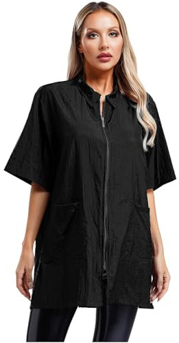 inhzoy Damen Kittel Berufskleidung Friseur Hundefriseur Kittel Schürze Kurzarm Mit Tasche Für SPA Salon Pet Shop Schwarz M