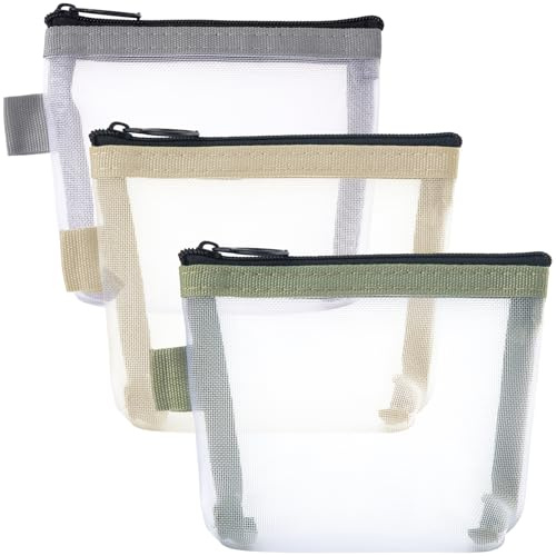 BEIQIYA Small Makeup Bag, Mini Zipper Mesh Makeup Bags, Portable Cosmetic Pouch for Woman Purse Lipstick Keys Essentials Items Earphone Bank Cards, 3pcs-Gray & Green & Yellow, Portable