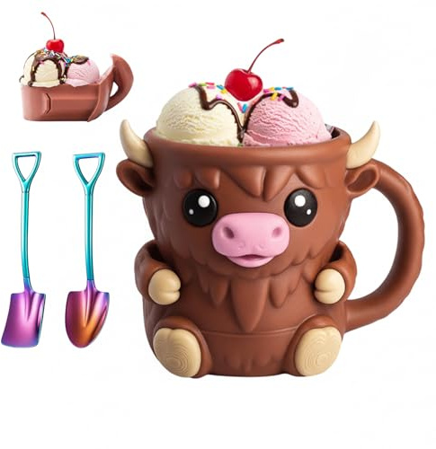 Highland Cow Ice Cream Holder, Ice Cream Pint Holder with 2 Spoons, Durable Plastic Dessert Cup for Home Cinema Nights, Garden Parties and Family Treats, 12.8 cm Height
