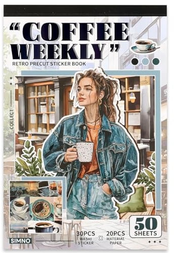 Sticker Book Scrapbooking Vintage – 30 fogli adesivi washi pretagliati + 20 fogli carta scrapbook, set adesivi aesthetic tema caffè e persone, stickers journaling per agenda, diario, bullet journal