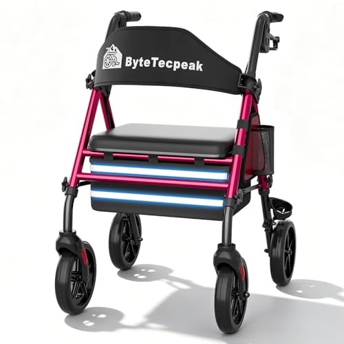 ByteTecpeak R4 deambulatore pieghevole con seduta, girello per anziani,altezza regolabile in 5 livelli su sedile e maniglie, Deambulatori a 4 ruote, Con borsa della e freni, portata max 100KG