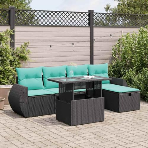 QJBSAVVA 6-TLG. Gartenmöbel-Set Polyrattan Modular Lounge Ecksofa mit Stauraum & Tisch 62x62x69 cm Grau Marineblau Klappbare Ablage für Balkon Terrasse Kleiner Garten
