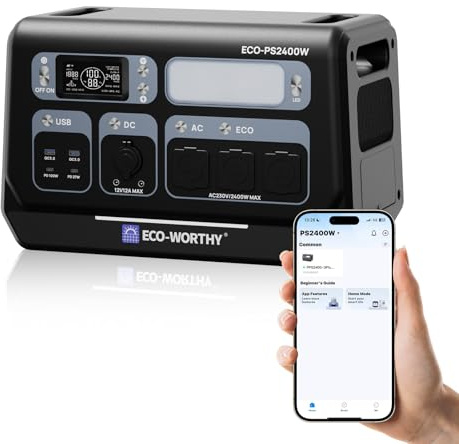 ECO-WORTHY 2400W Portable Power Station with 2048Wh LiFePO4 Battery | 4800W peak,1.2H fast charge,Bluetooth & WIFI, 10 outputs,solar generator for motorhomes,camping, emergency power