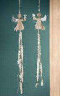 GILDE Girlande Holz Engel Weiss/Silber Holzperlen Sterne Glöckchen 76cm