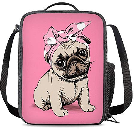 PrelerDIY Lunchtasche mit niedlichem rosa Mops-Motiv, isoliert, für Schule, Picknick, wiederverwendbare Snack-Tasche für Frauen