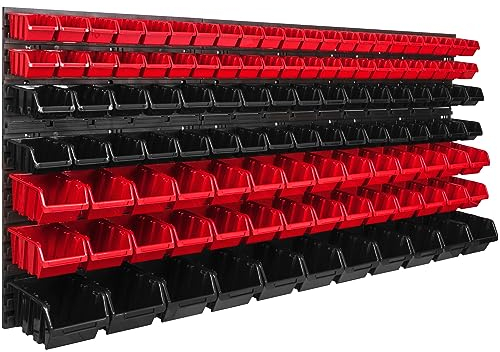 Étagère murale lot de 117 boîtes de rangement empilables noires et rouges bacs a bec pour outils, panneau porte outils 173 x 78 cm, atelier garage, banc de travail, etagere outils, tableaux